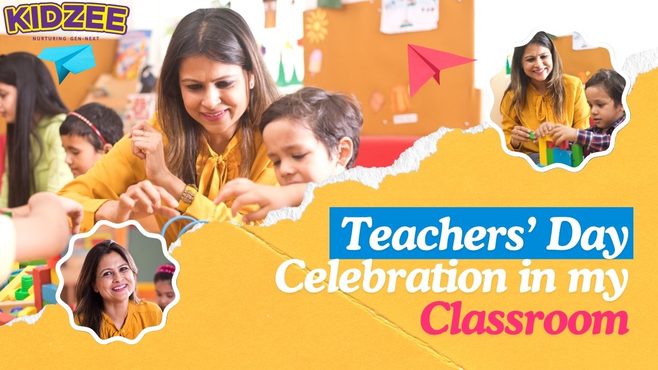 Children and teachers celebrating a festival with enthusiasm.